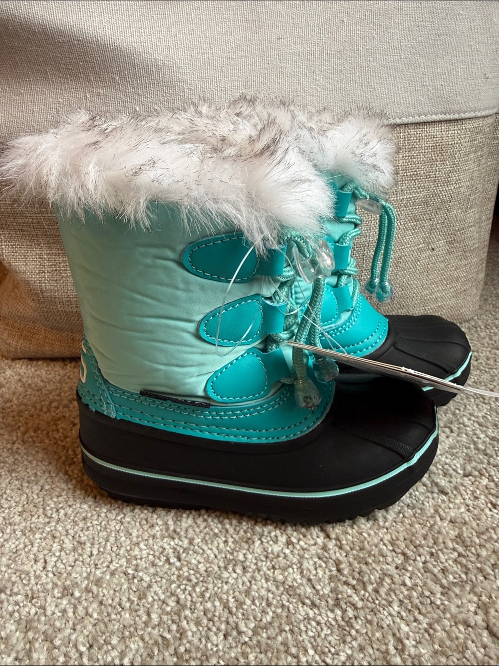 Girls' Arctic Teal and Black Faux Fur Winter Snow Boots